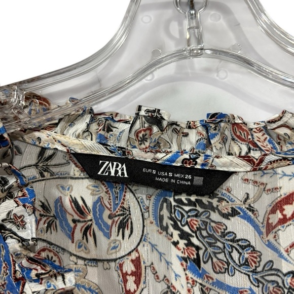 NWOT, ZARA, Dress With Print And Ruffles, Small, White, Blue, Tan - Picture 5 of 12